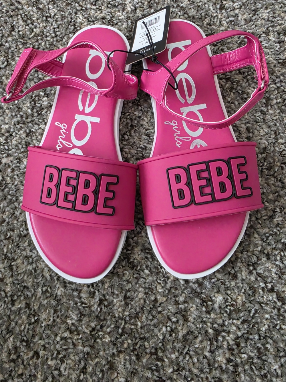 Bebe Girls Pink Sandals Logo Hook & Loop Flat Heel White Sole Size 3./ 8.5 In